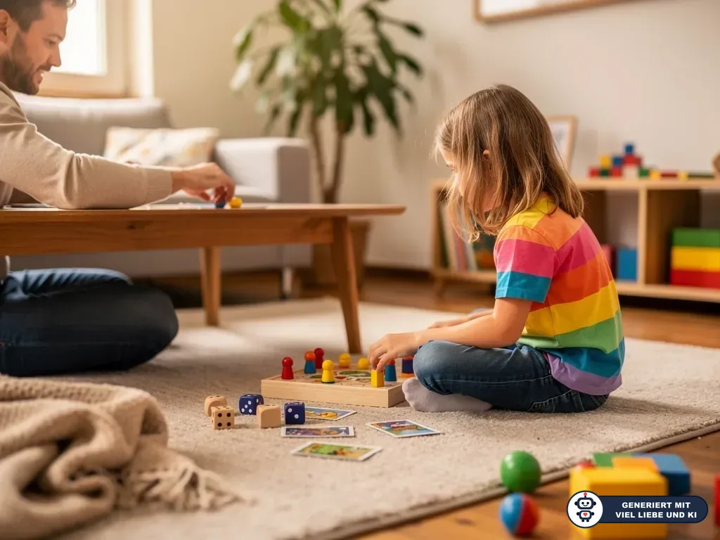 Vater und Kind spielen im Wohnzimmer ein Brettspiel mit Figuren, Würfeln und Karten auf dem Teppich. (mit KI erstellt)