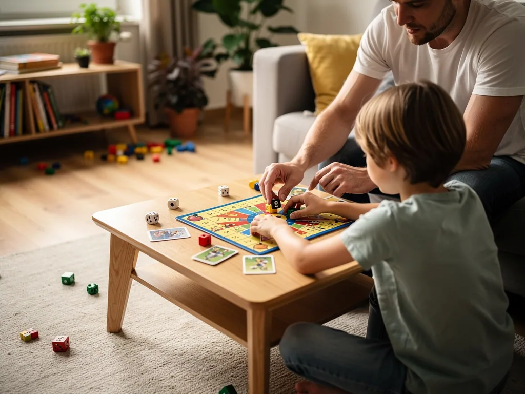 Vater und Kind spielen im Wohnzimmer ein Brettspiel mit Würfeln, Karten und Spielfiguren am Couchtisch.