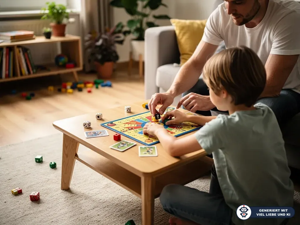 Vater und Kind spielen im Wohnzimmer ein Brettspiel mit Würfeln, Karten und Spielfiguren am Couchtisch. (mit KI erstellt)