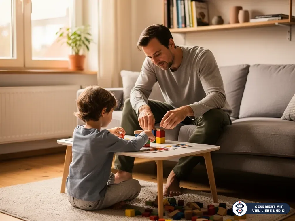 Vater und Kind spielen im Wohnzimmer gemeinsam mit bunten Bauklötzen an einem kleinen Tisch. (mit KI erstellt)