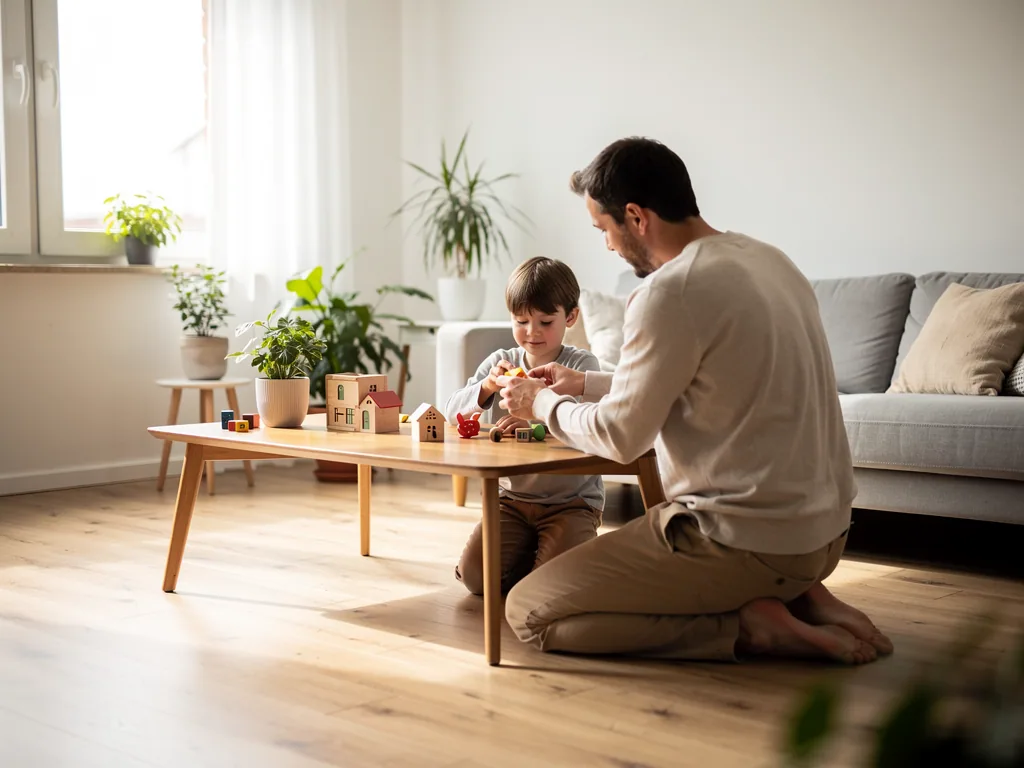 Vater und Kind spielen im Wohnzimmer gemeinsam mit Holzspielzeug an einem niedrigen Tisch.