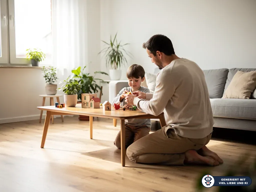 Vater und Kind spielen im Wohnzimmer gemeinsam mit Holzspielzeug an einem niedrigen Tisch. (mit KI erstellt)