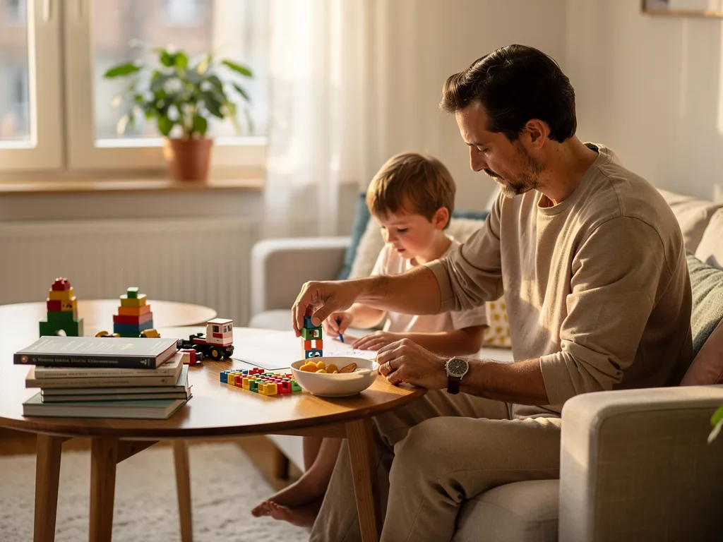 Vater und Kind spielen im Wohnzimmer mit Bausteinen; auf dem Tisch liegen Bücher, Spielzeugauto und Snackschale.