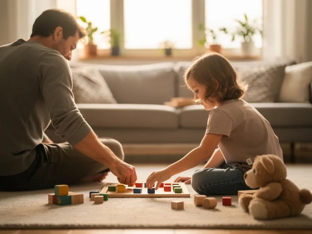 Vater und Kind spielen im Wohnzimmer mit bunten Holzklötzen auf einem Brett, daneben liegen Bausteine und ein Teddybär.