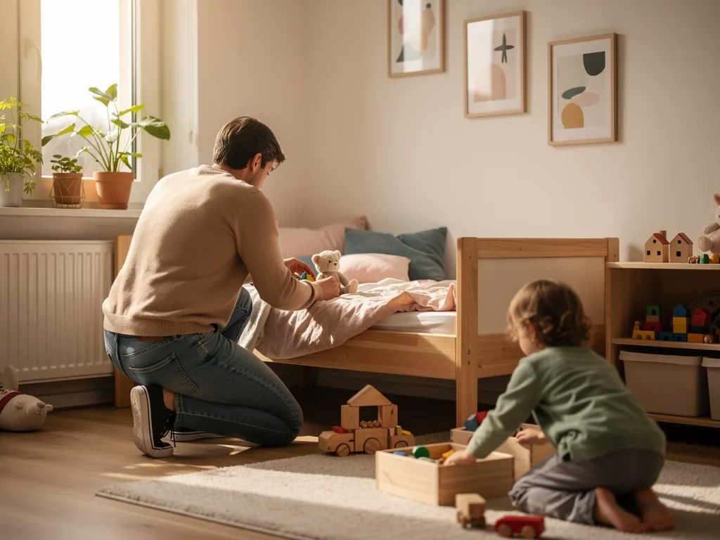 Vater und Kind spielen in einem warm gestalteten Kinderzimmer mit Holzbett, Pflanzen, Wandbildern und Holzspielzeug.