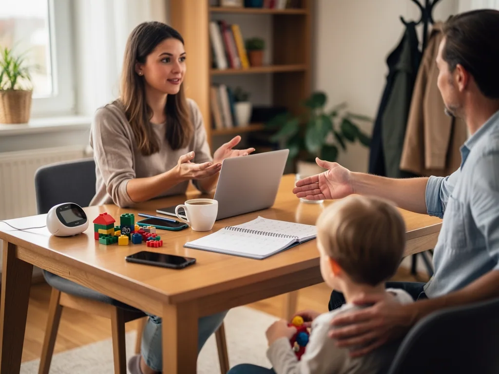 Vater und Kind sprechen mit einer Babysitterin am Tisch; daneben liegen Spielzeug, Notizbuch und Babyphone.