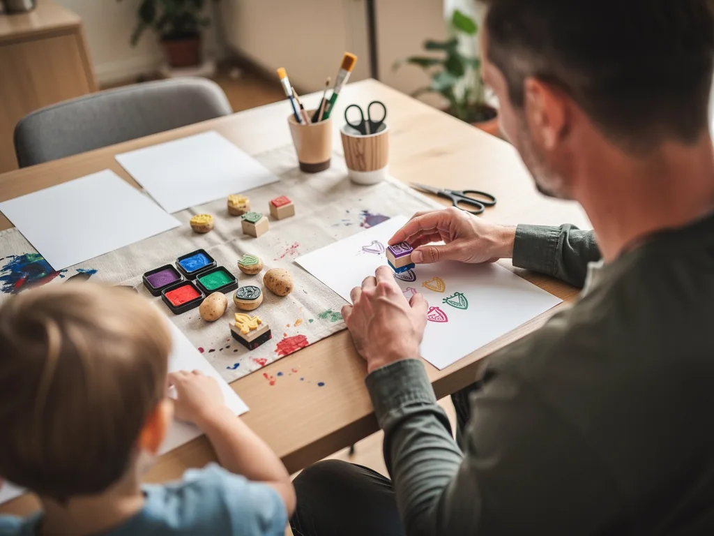 Vater und Kind stempeln am Basteltisch mit bunten Stempelkissen, Papier und selbst gemachten Stempeln.