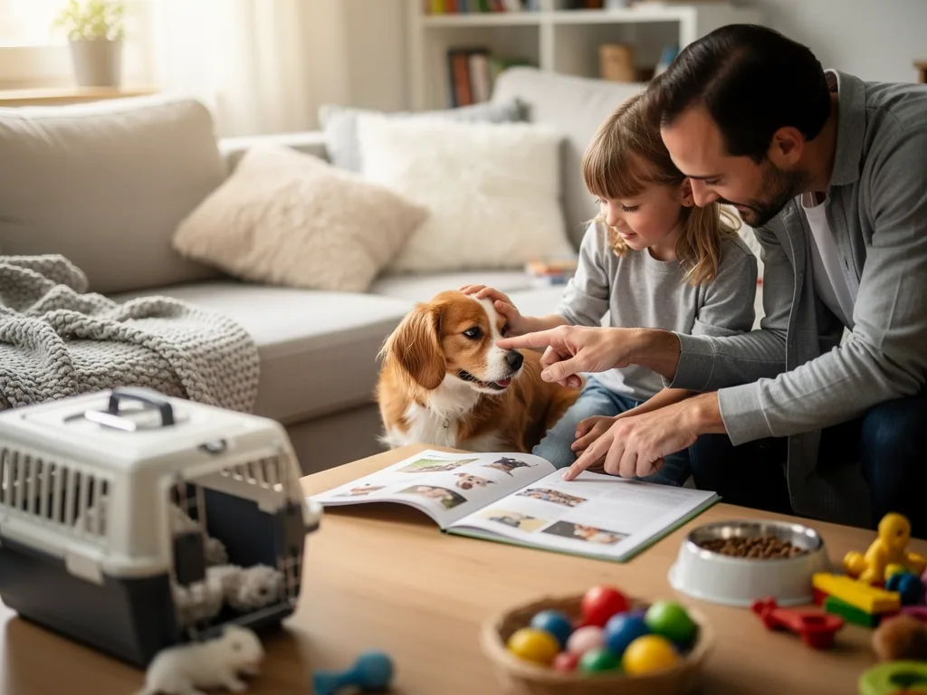 Vater und Kind streicheln einen Hund im Wohnzimmer; auf dem Tisch liegen Tierbuch, Transportbox und Fressnapf.