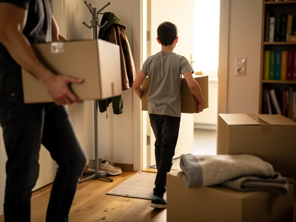 Vater und Kind tragen Umzugskartons durch eine Wohnung mit gepackten Kisten und offener Tür.