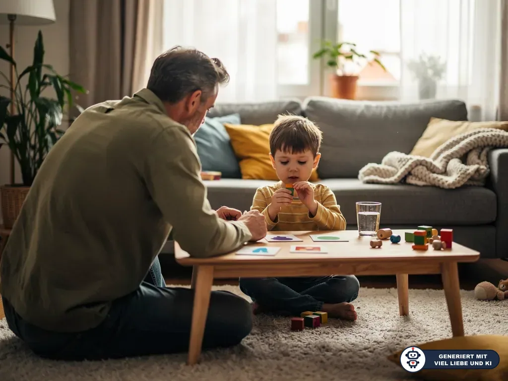 Vater und Kind üben im Wohnzimmer mit Bildkarten und Bausteinen am Couchtisch. (mit KI erstellt)
