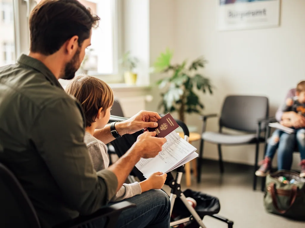 Vater und Kind warten im Bürgeramt mit Formularen und altem Kinderreisepass in der Hand.