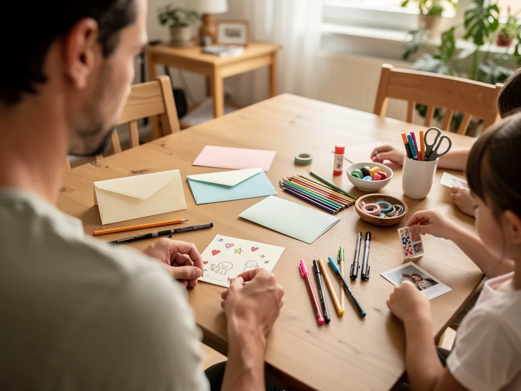 Vater und Kinder basteln am Holztisch Einladungen mit Stiften, Umschlägen, Stickern und Familienfoto.