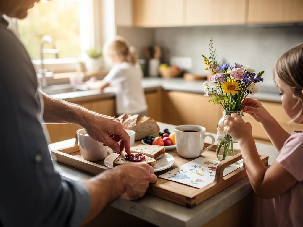 Vater und Kinder bereiten in der Küche ein Muttertagsfrühstück mit Blumen, Kaffee, Brot und Karte vor.