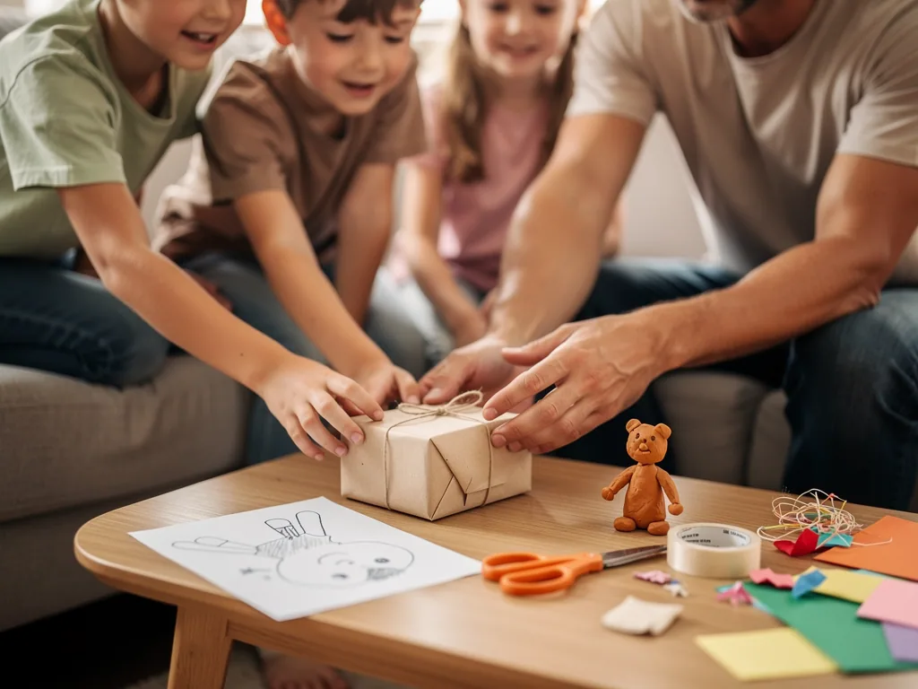 Vater und Kinder binden ein kleines Geschenk auf einem Wohnzimmertisch mit Bastelmaterial und Kinderzeichnung.
