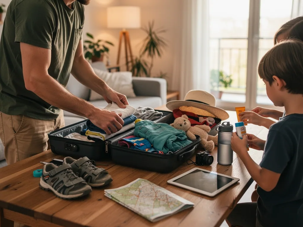 Vater und Kinder packen am Tisch Koffer mit Kleidung, Karte, Schuhen, Trinkflasche und Sonnencreme.