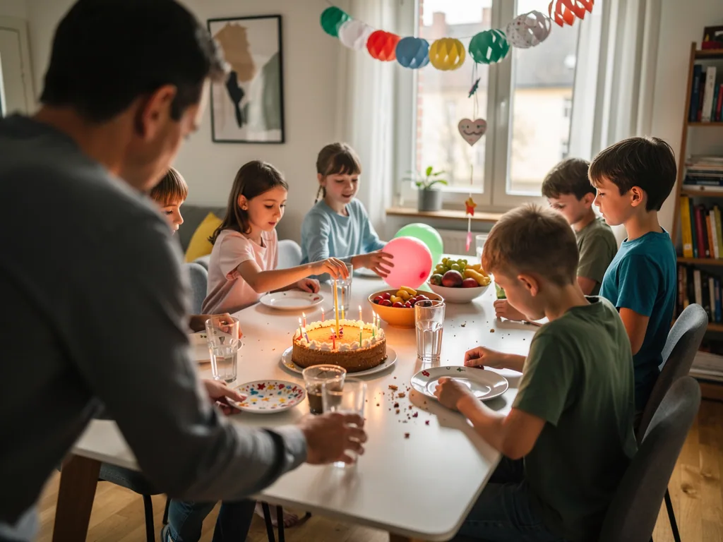 Vater und Kinder sitzen am Geburtstagstisch mit Kuchen, Kerzen, Luftballons und Partydekoration.