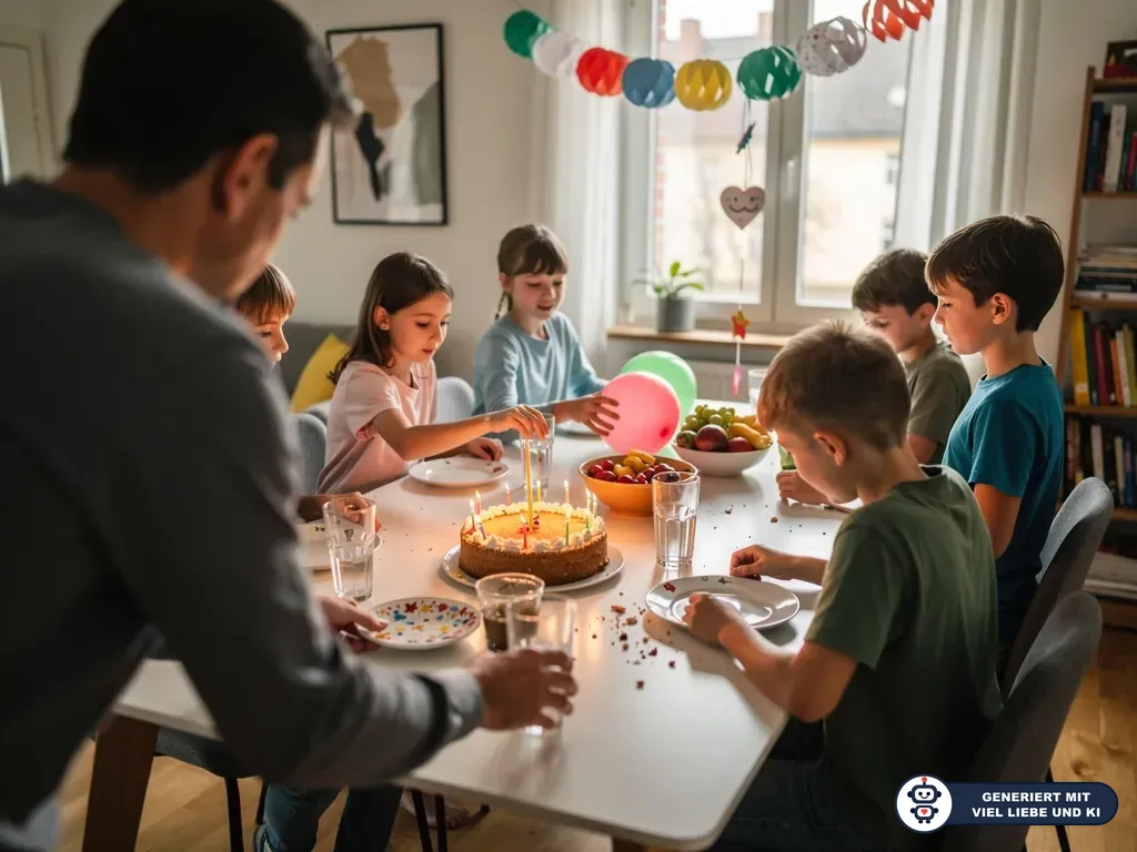 Vater und Kinder sitzen am Geburtstagstisch mit Kuchen, Kerzen, Luftballons und Partydekoration. (mit KI erstellt)