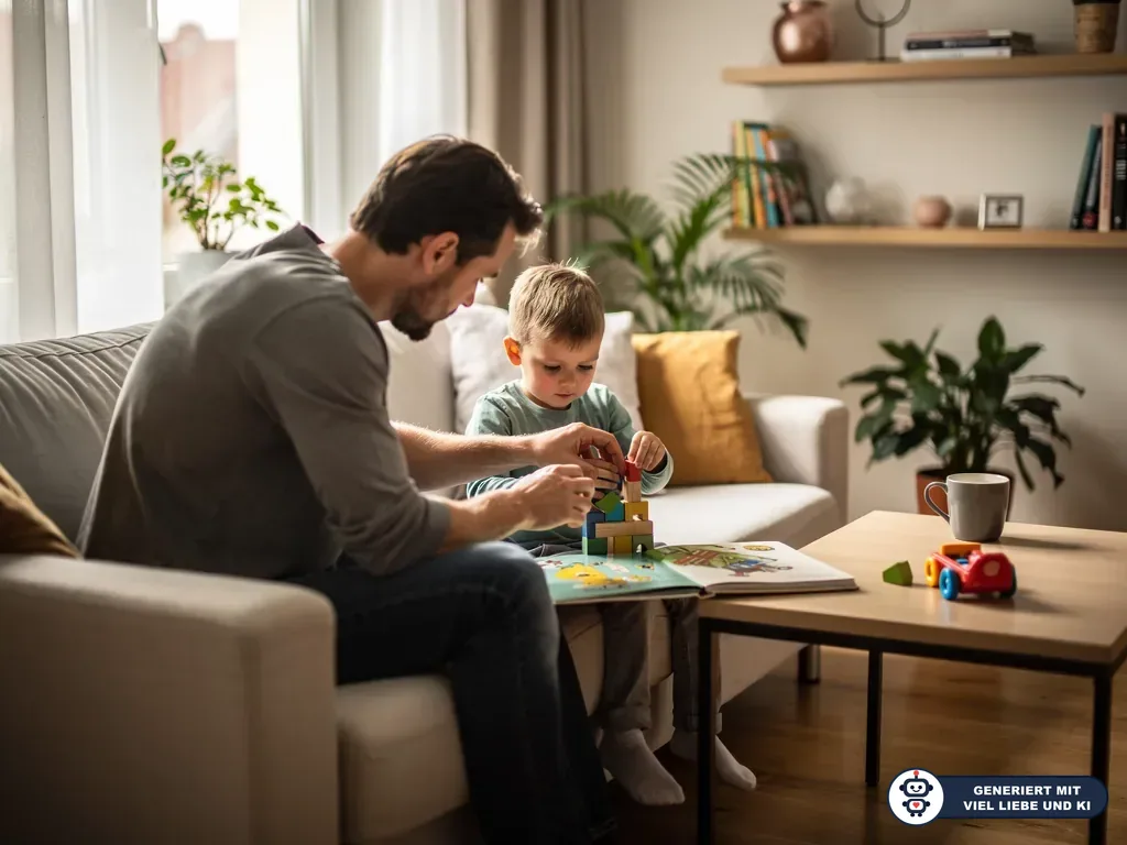 Vater und kleiner Sohn bauen im Wohnzimmer gemeinsam mit Holzklötzen auf einem Bilderbuch. (mit KI erstellt)