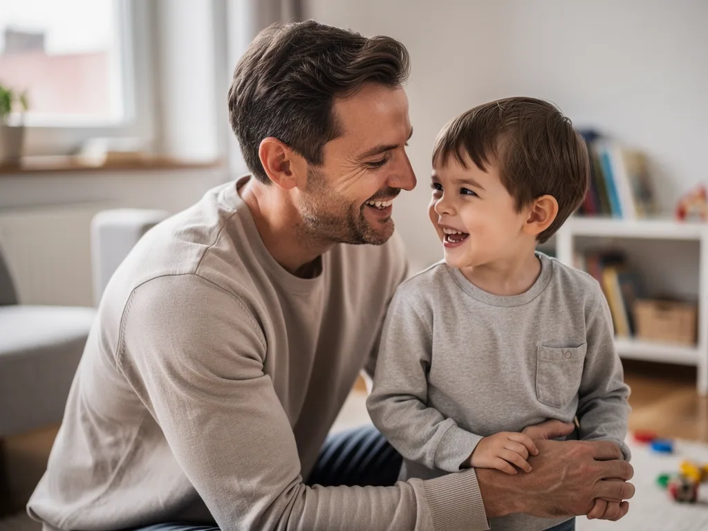Vater und kleiner Sohn lachen einander im Wohnzimmer an und sitzen nah beieinander.