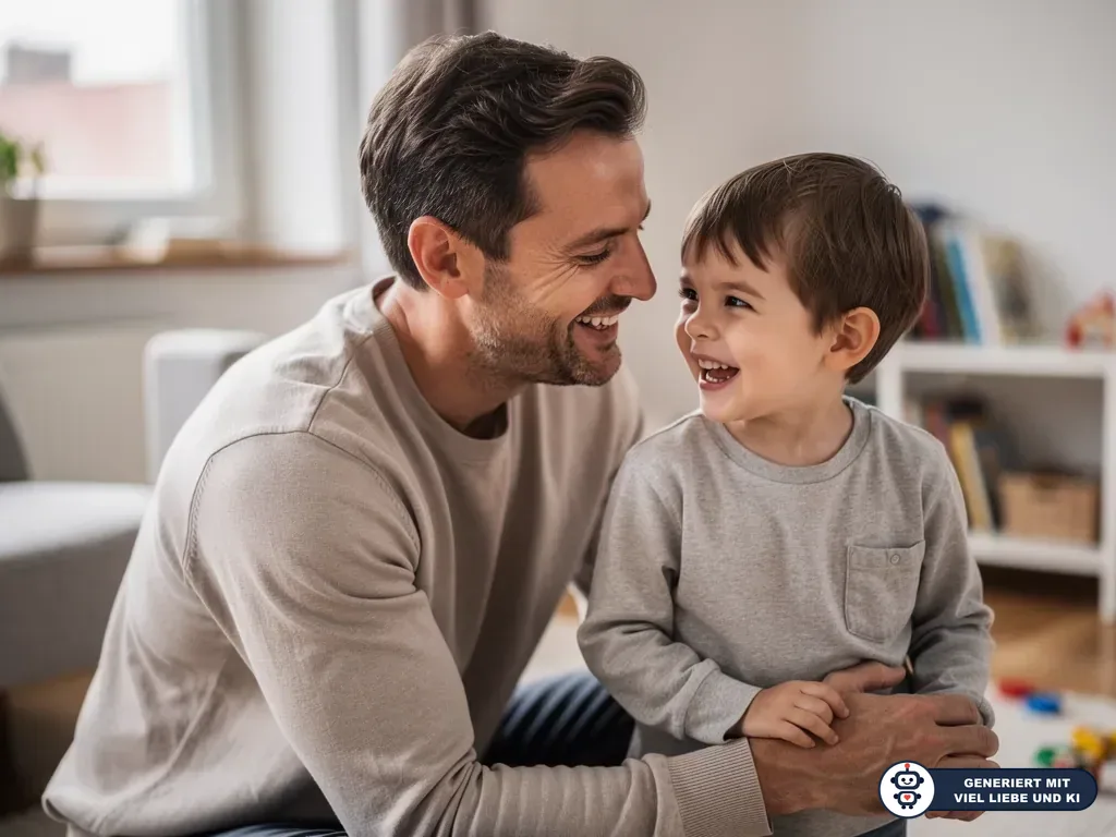 Vater und kleiner Sohn lachen einander im Wohnzimmer an und sitzen nah beieinander. (mit KI erstellt)