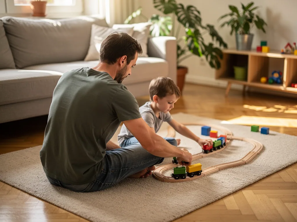 Vater und kleiner Sohn sitzen im Wohnzimmer auf dem Teppich und spielen gemeinsam mit einer Holzeisenbahn.