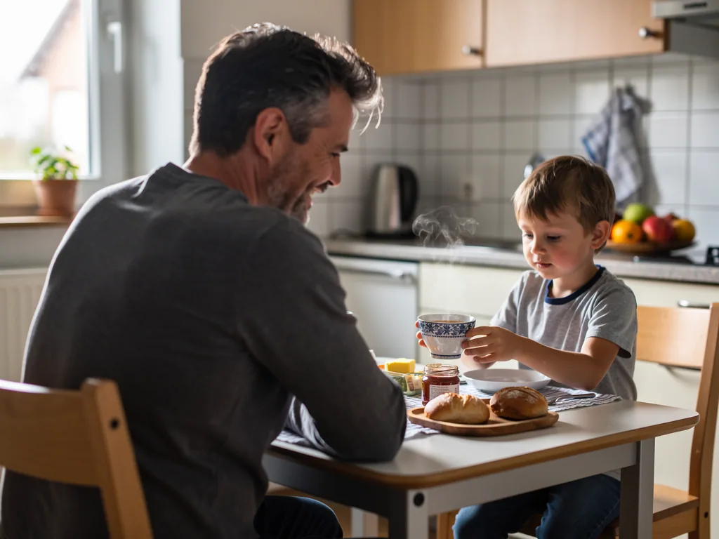 Vater und kleiner Sohn sitzen in der Küche am Frühstückstisch, der Junge hält eine dampfende Tasse.