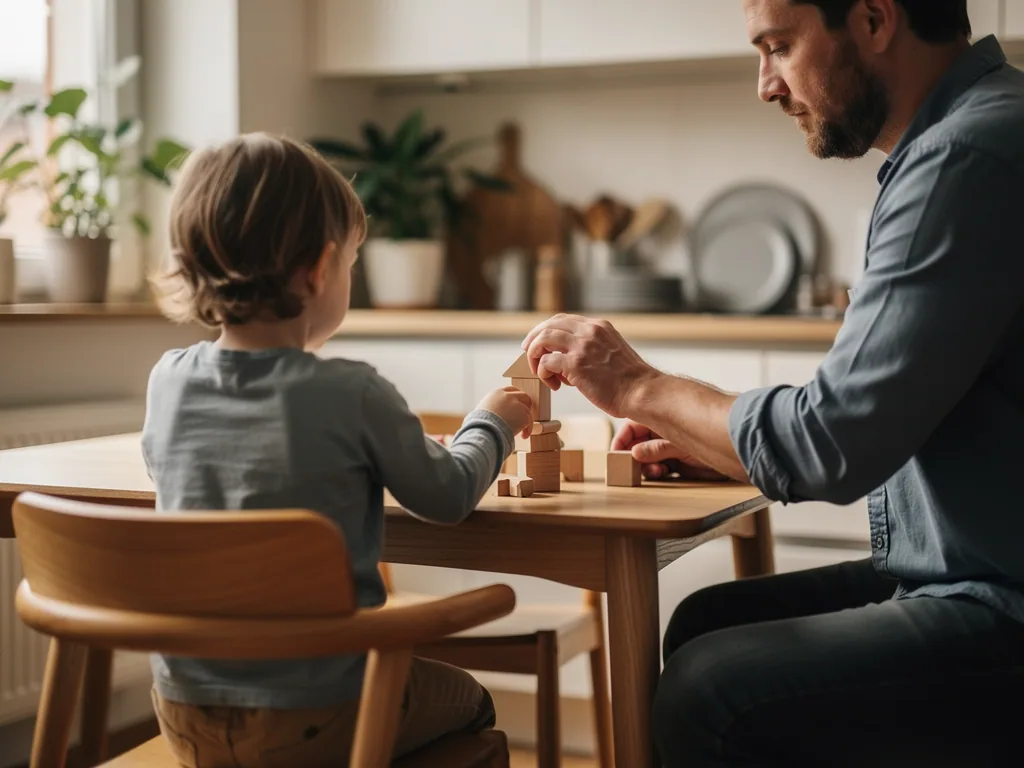 Vater und kleines Kind bauen gemeinsam mit Holzklötzen am Küchentisch.