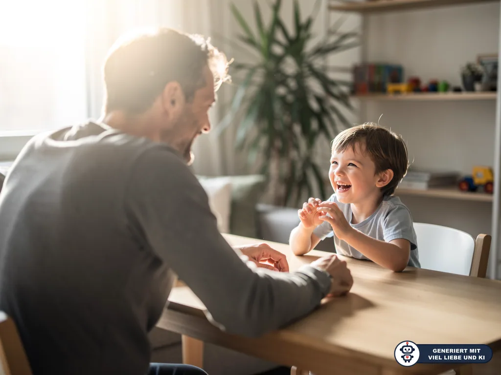 Vater und kleines Kind lachen gemeinsam am Esstisch in einem hellen Familienzimmer. (mit KI erstellt)
