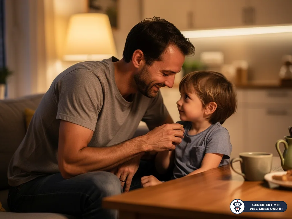 Vater und kleines Kind sitzen abends auf dem Sofa und lächeln sich in der warm beleuchteten Küche an. (mit KI erstellt)