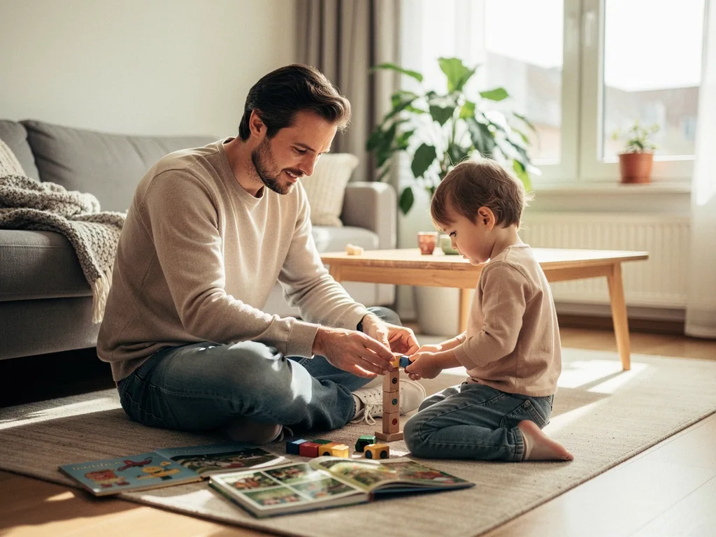 Vater und kleines Kind sitzen im Wohnzimmer auf dem Teppich und spielen gemeinsam mit Bauklötzen.
