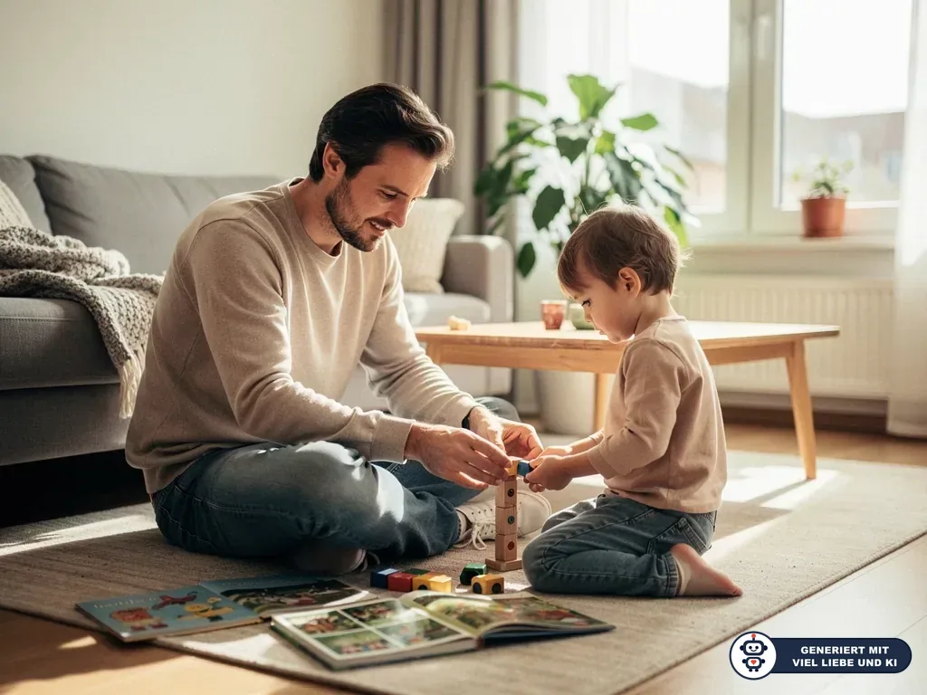 Vater und kleines Kind sitzen im Wohnzimmer auf dem Teppich und spielen gemeinsam mit Bauklötzen. (mit KI erstellt)