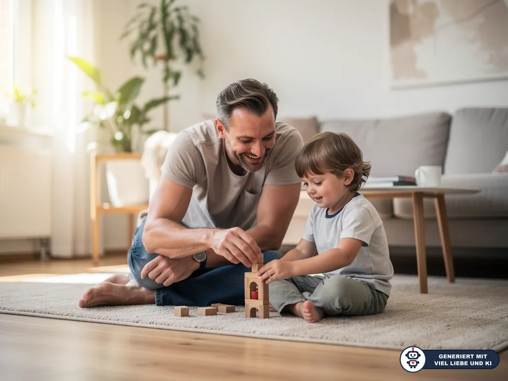 Vater und kleines Kind spielen im Wohnzimmer gemeinsam mit Holzbausteinen auf dem Teppich. (mit KI erstellt)