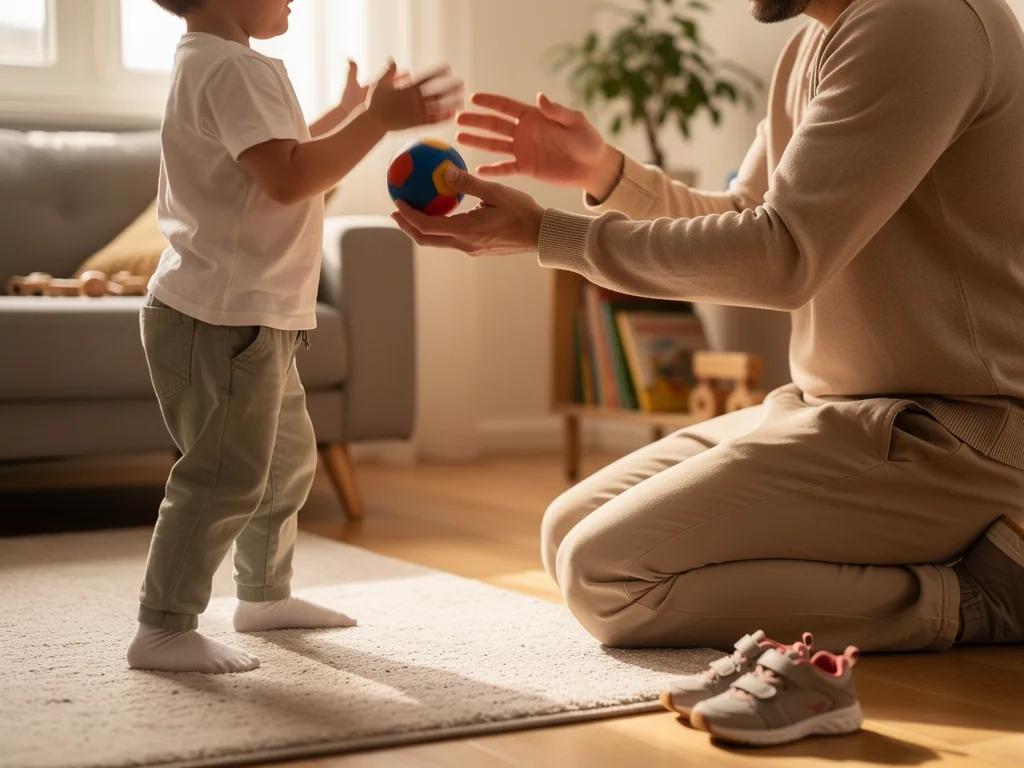 Vater und kleines Kind spielen im Wohnzimmer mit einem bunten Ball, Kinderschuhe liegen bereit auf dem Boden.
