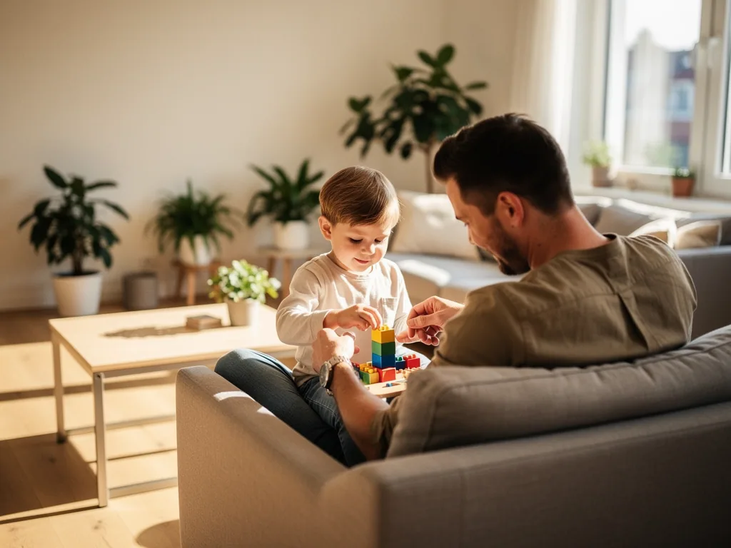 Vater und Kleinkind bauen auf dem Sofa mit bunten Bausteinen in einem hellen Wohnzimmer.