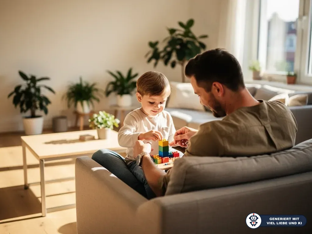 Vater und Kleinkind bauen auf dem Sofa mit bunten Bausteinen in einem hellen Wohnzimmer. (mit KI erstellt)