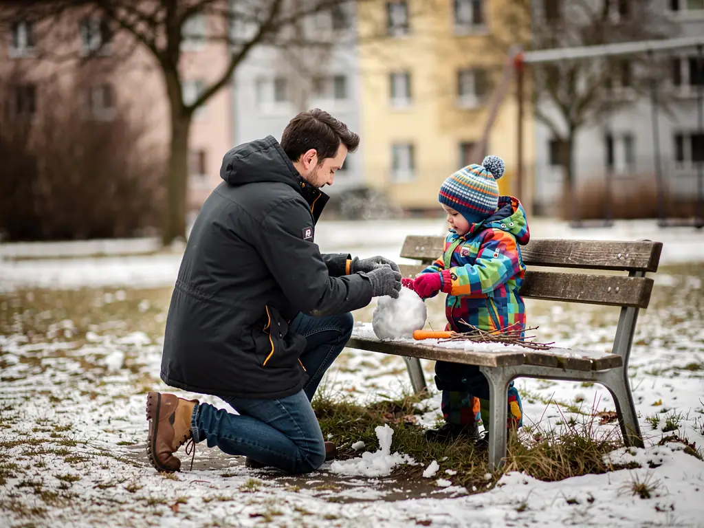 Vater und Kleinkind bauen im winterlichen Park auf einer Bank einen Schneemann mit Karotte und Zweigen.