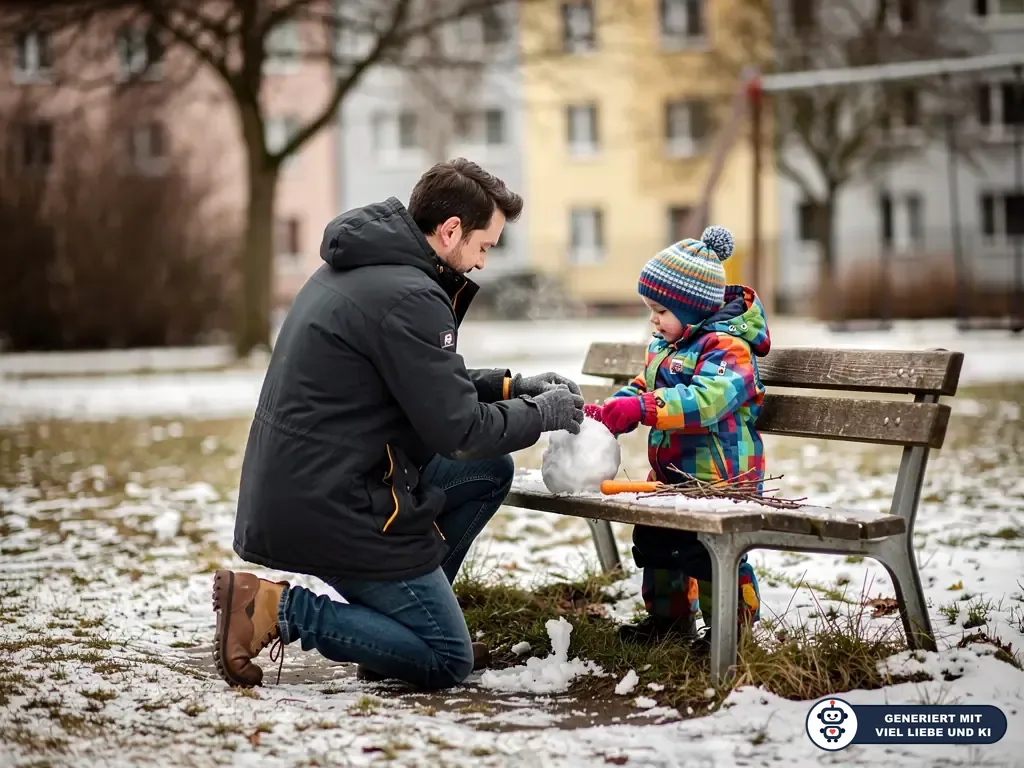 Vater und Kleinkind bauen im winterlichen Park auf einer Bank einen Schneemann mit Karotte und Zweigen. (mit KI erstellt)