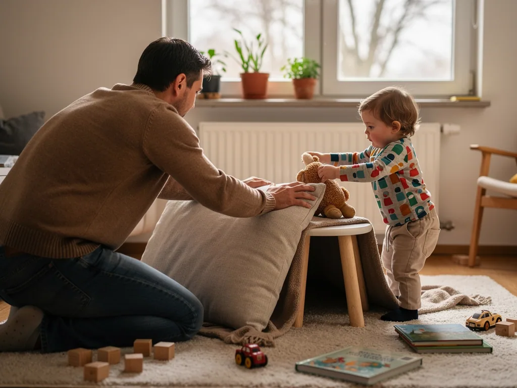 Vater und Kleinkind bauen im Wohnzimmer aus Kissen, Decke und Hocker eine Höhle und spielen mit Stofftieren.