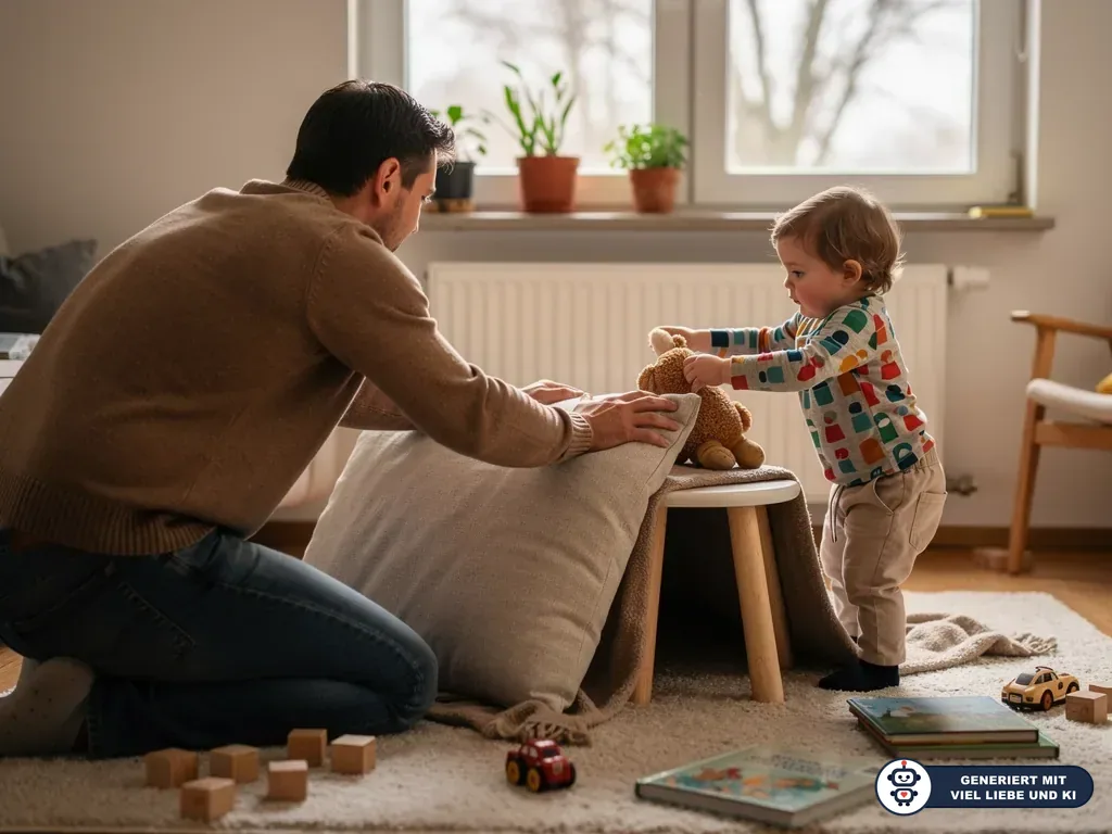 Vater und Kleinkind bauen im Wohnzimmer aus Kissen, Decke und Hocker eine Höhle und spielen mit Stofftieren. (mit KI erstellt)