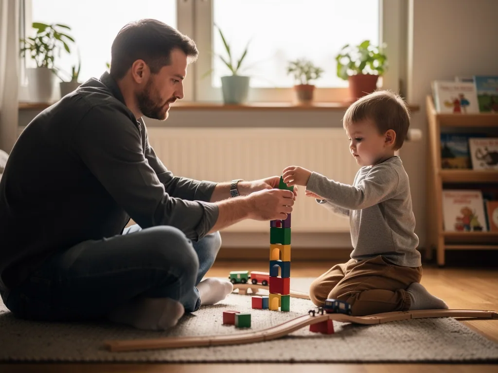 Vater und Kleinkind bauen im Wohnzimmer einen Turm aus Holzklötzen neben einer Spielzeugeisenbahn.