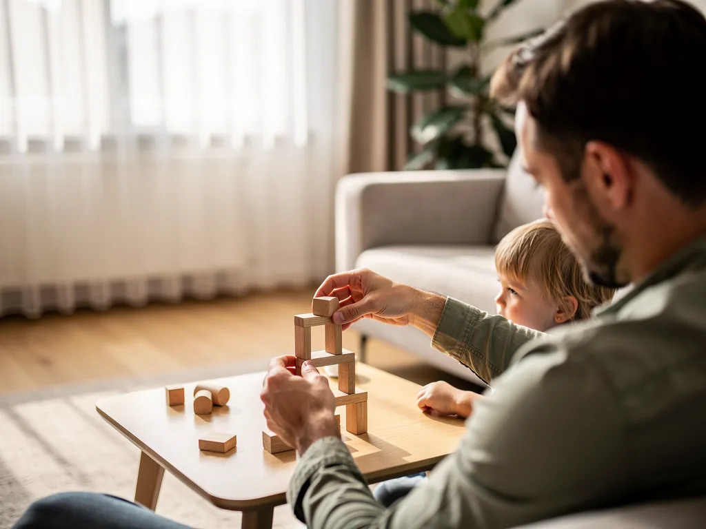 Vater und Kleinkind bauen im Wohnzimmer einen Turm aus Holzklötzen auf einem kleinen Tisch.