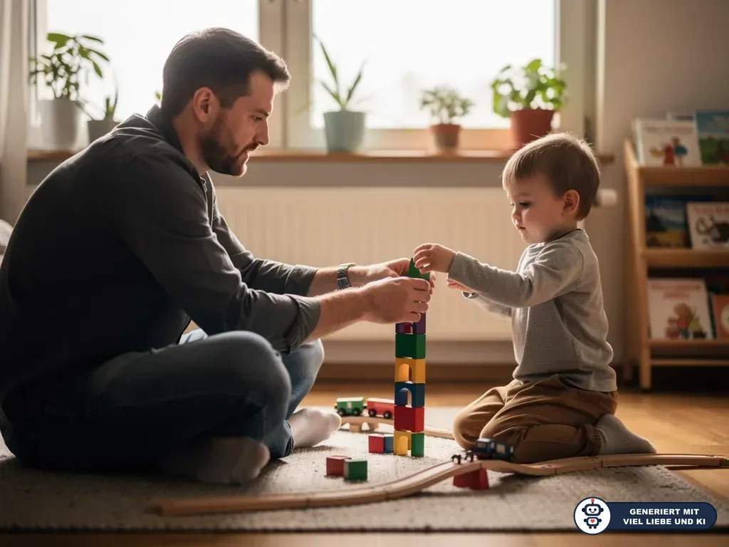 Vater und Kleinkind bauen im Wohnzimmer einen Turm aus Holzklötzen auf einem kleinen Tisch. (mit KI erstellt)