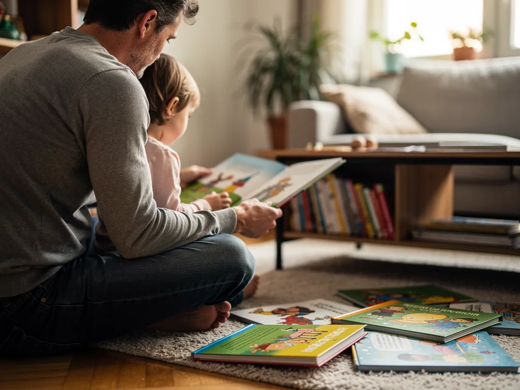 Vater und Kleinkind betrachten gemeinsam ein Bilderbuch, mehrere Kinderbücher liegen im Wohnzimmer auf dem Teppich.