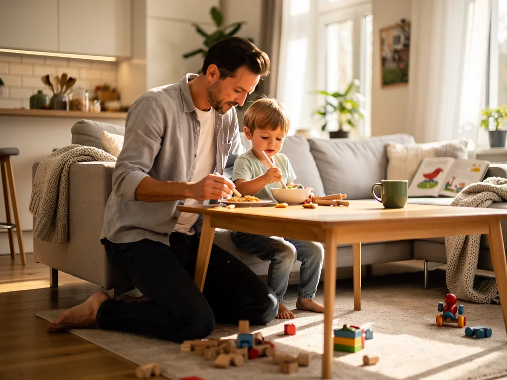 Vater und Kleinkind essen gemeinsam am Couchtisch im hellen Wohnzimmer, Spielzeug liegt auf dem Teppich.
