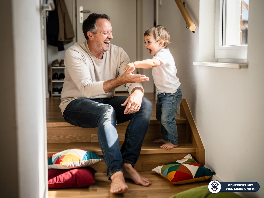 Vater und Kleinkind lachen und spielen gemeinsam auf der Treppe im hellen Flur. (mit KI erstellt)
