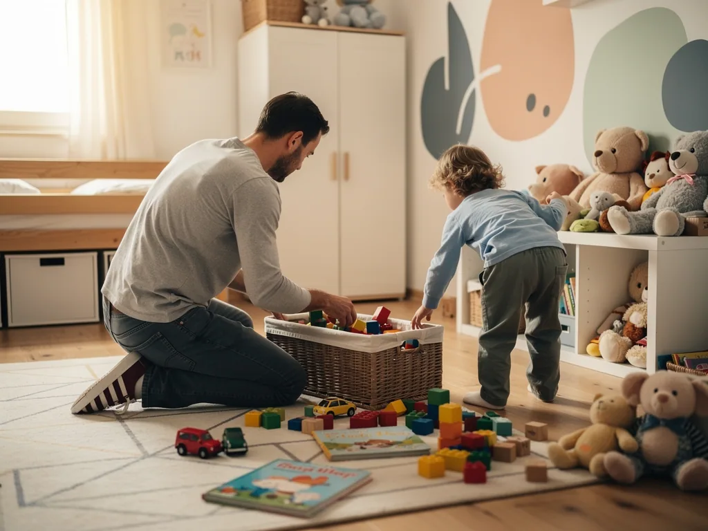 Vater und Kleinkind räumen Bauklötze in einen Korb; Stoffkisten und Regale ordnen Spielzeug im Kinderzimmer.