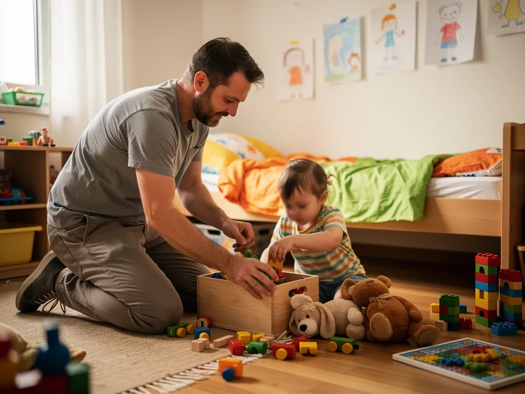 Vater und Kleinkind räumen im Kinderzimmer Bausteine in eine Holzkiste, daneben Kuscheltiere und Spielzeug.