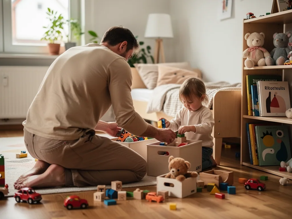 Vater und Kleinkind räumen im Kinderzimmer Bausteine und Spielzeugautos in Holzkisten ein.