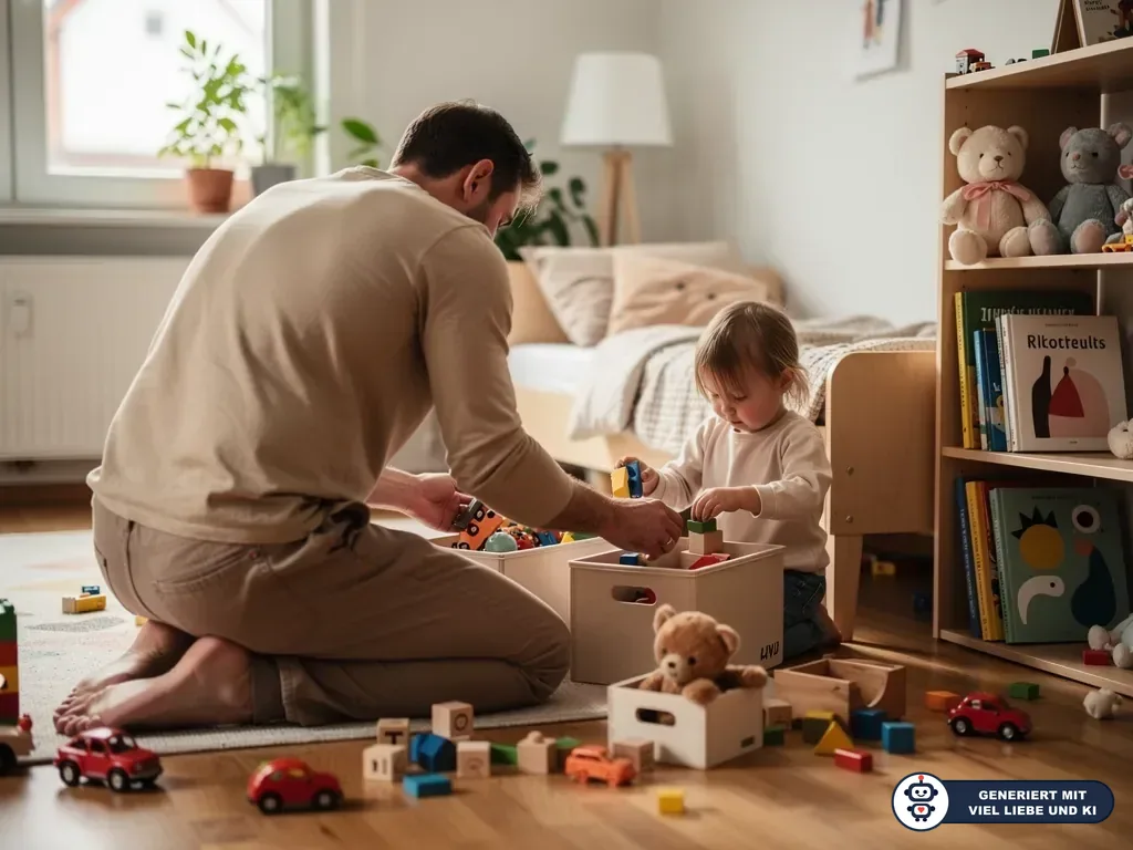 Vater und Kleinkind räumen im Kinderzimmer Bausteine und Spielzeugautos in Holzkisten ein. (mit KI erstellt)