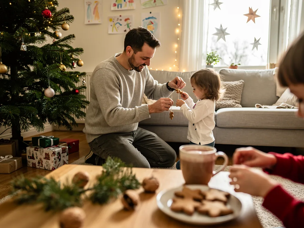 Vater und Kleinkind schmücken gemeinsam einen Weihnachtsbaum mit Anhänger im Wohnzimmer.